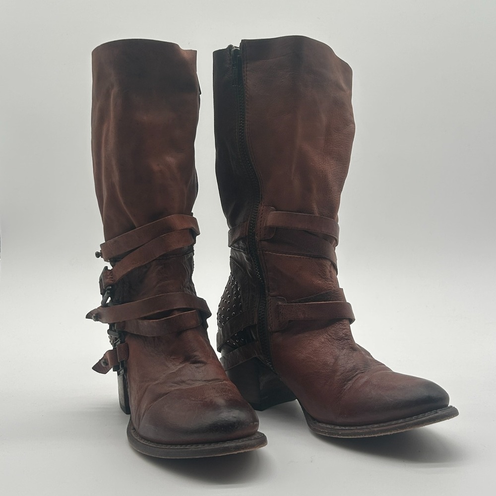 Freebird Coy Brown Leather Calf Boots Womens Size 7 Harness Studs Discontinued